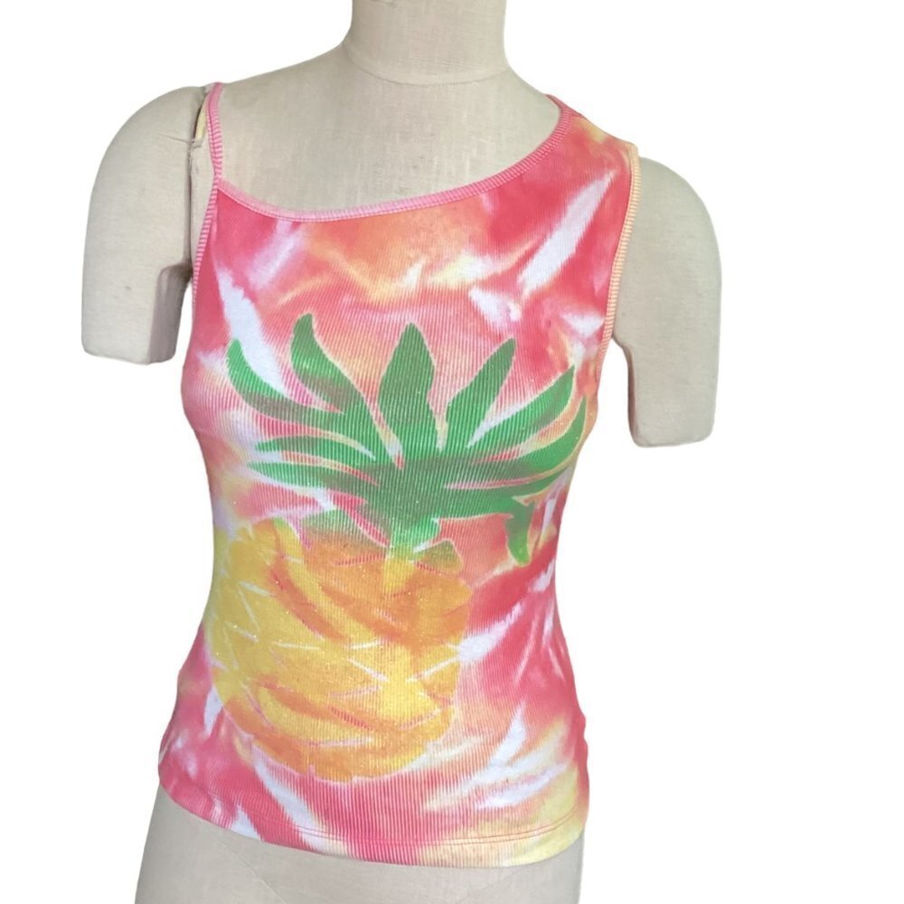 Juxtapose One Shoulder‎ Ribbed Tank Top Tie Dye Pineapple Graphic Sz M 120L